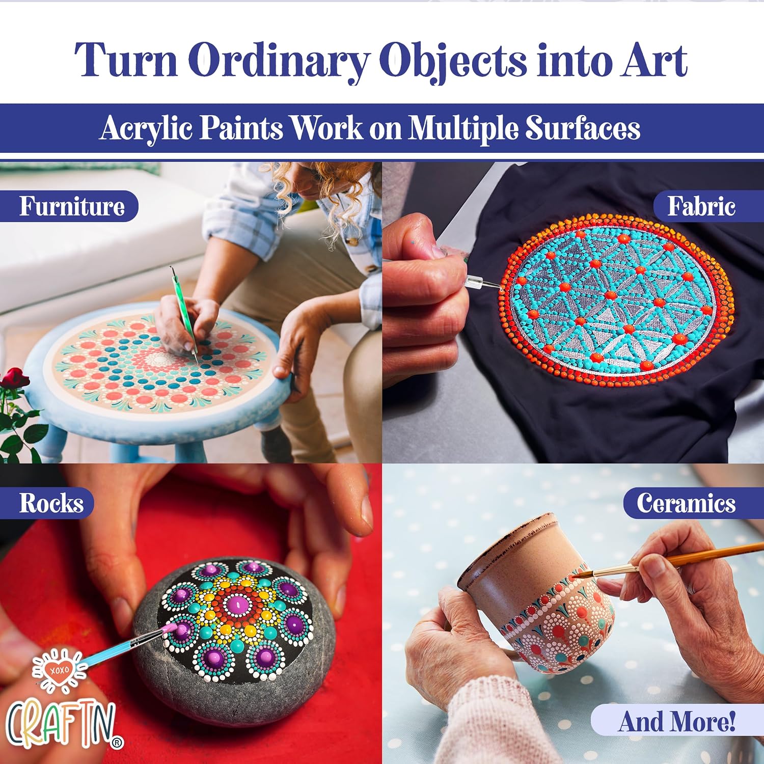 Craftn listing image: paint on rocks, ceramics and fabric